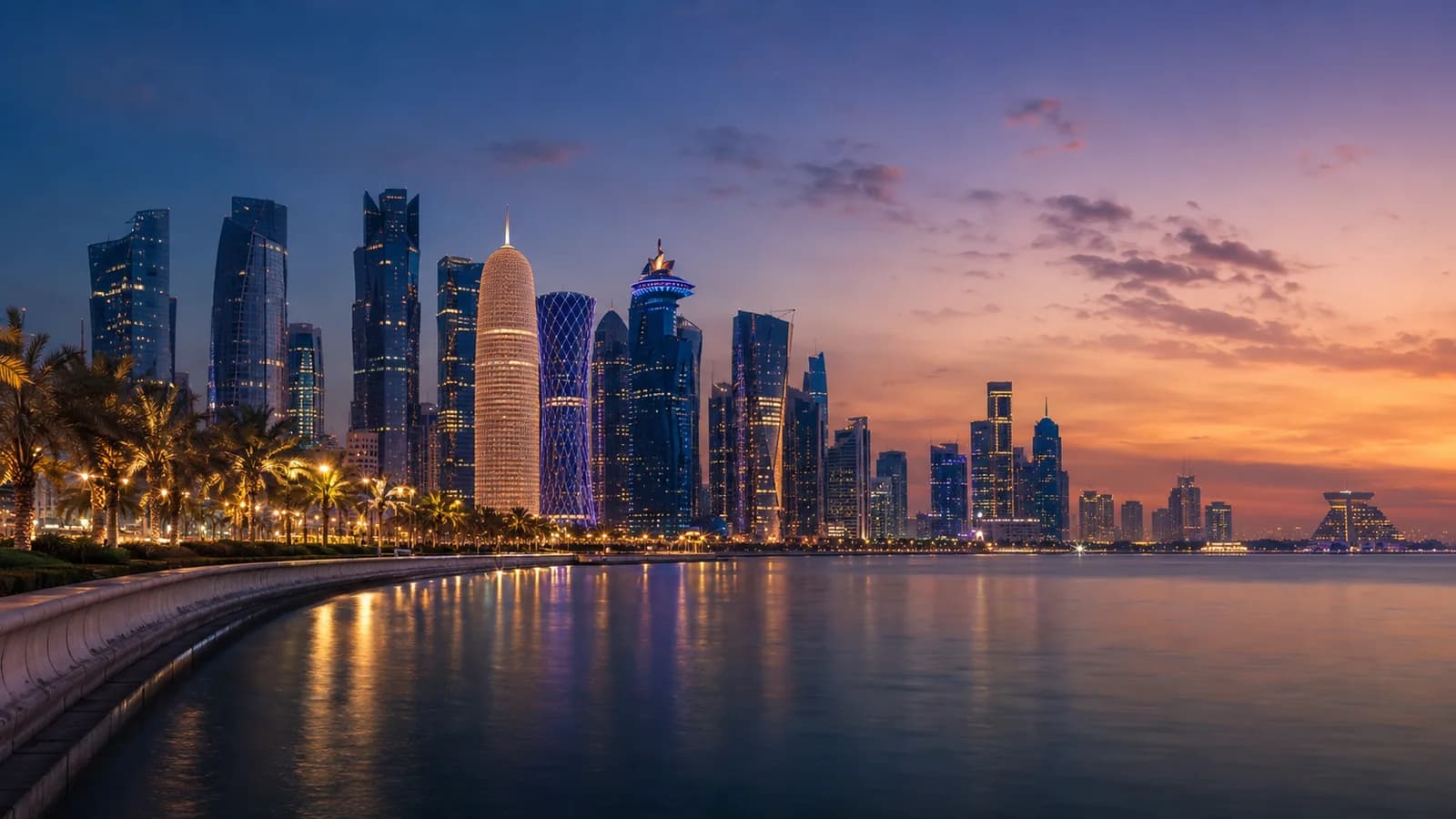 Doha Corniche skyline at dusk, Qatar — premium private chauffeur and transfer service
