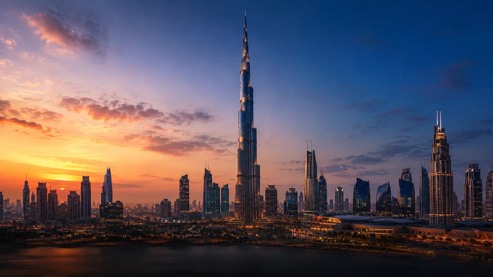 Dubai skyline at sunset with the Burj Khalifa — premium private chauffeur and transfer service