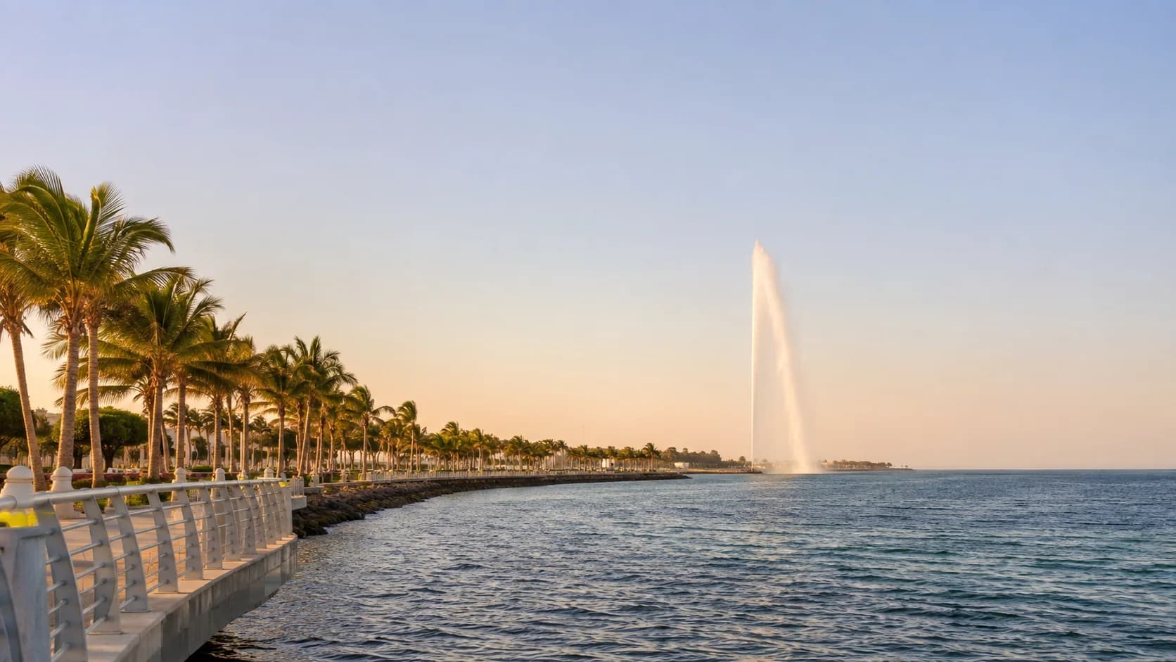 Jeddah Corniche waterfront with the King Fahd Fountain at sunset — premium private transfer service on Saudi Arabia's Red Sea coast