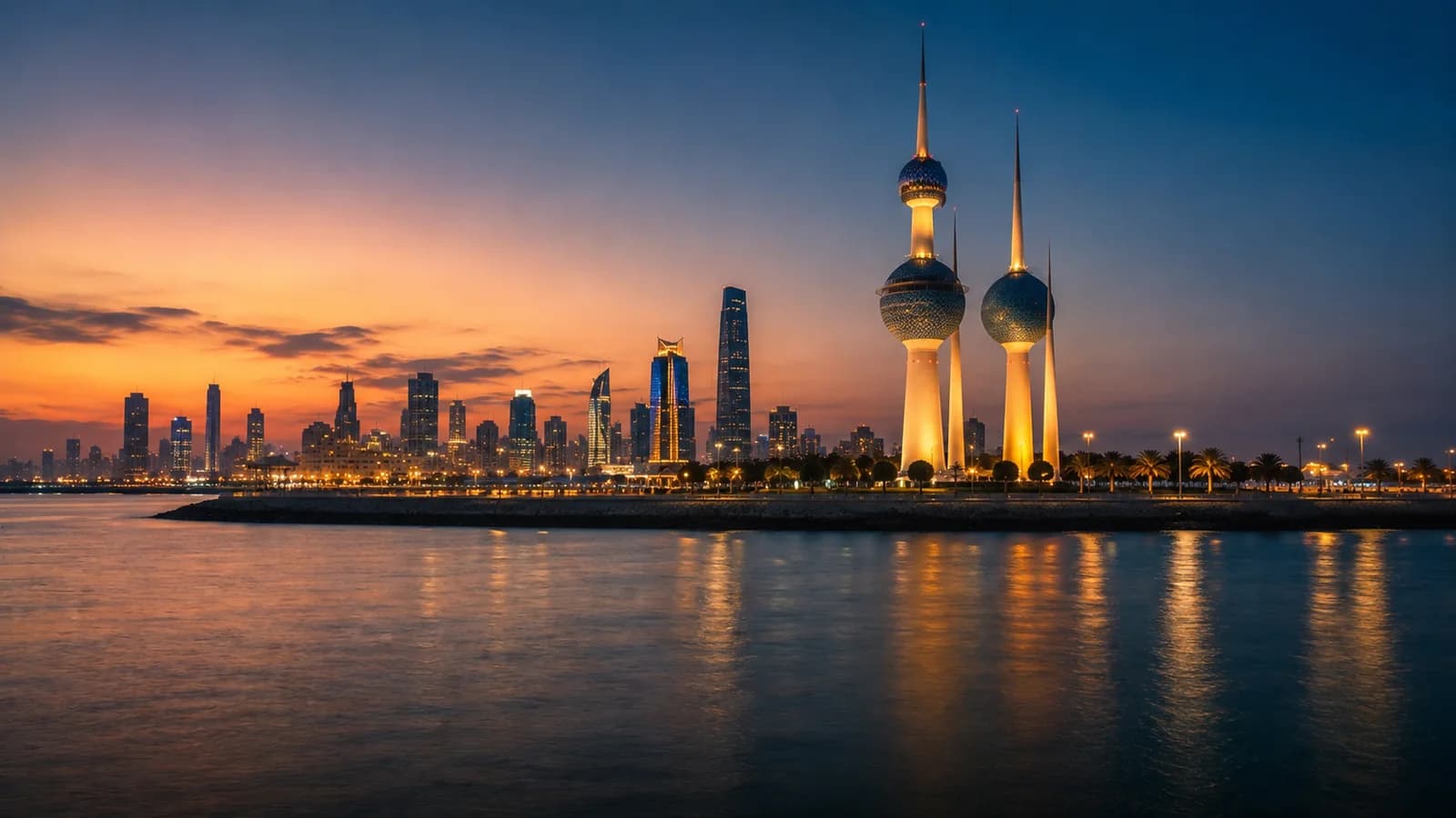 Kuwait Towers and the Kuwait City skyline at sunset — premium private chauffeur and transfer service