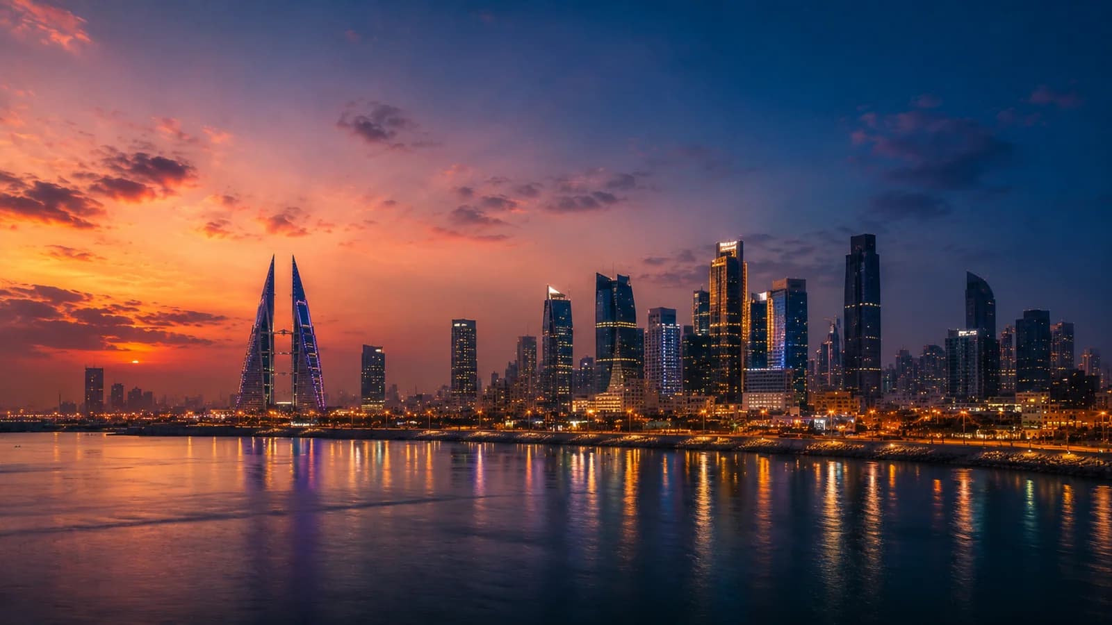 Manama skyline at sunset with the Bahrain World Trade Center — premium private chauffeur and transfer service