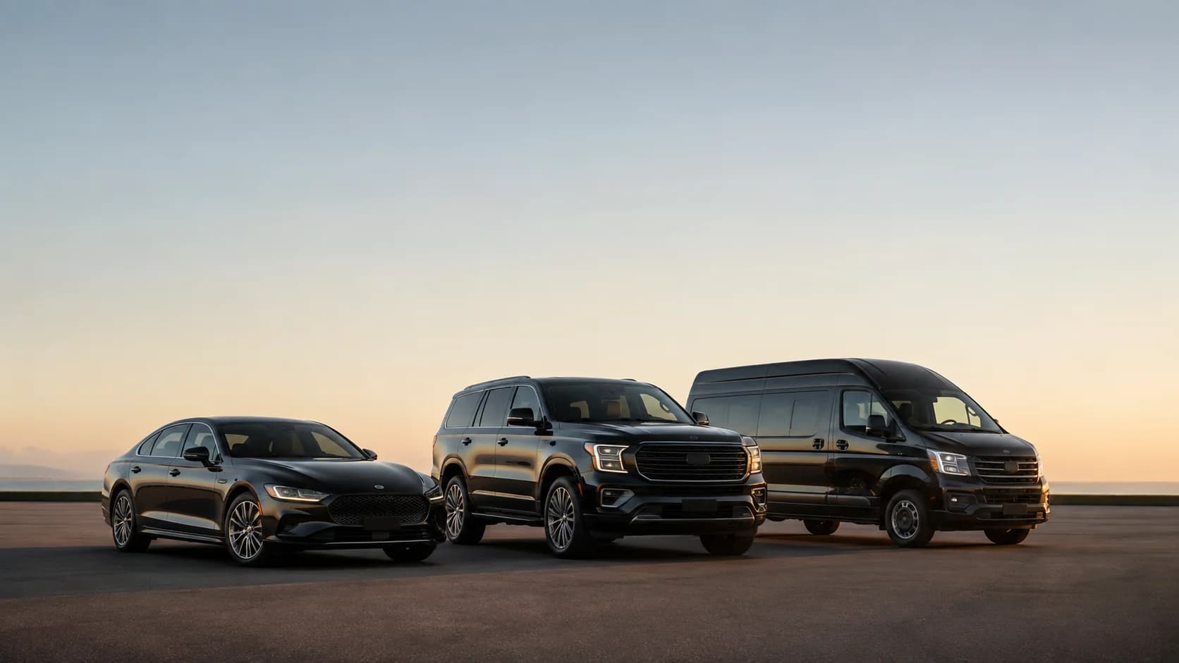Gulf Trip Service premium fleet lineup — executive sedan, luxury SUV and passenger van in Saudi Arabia