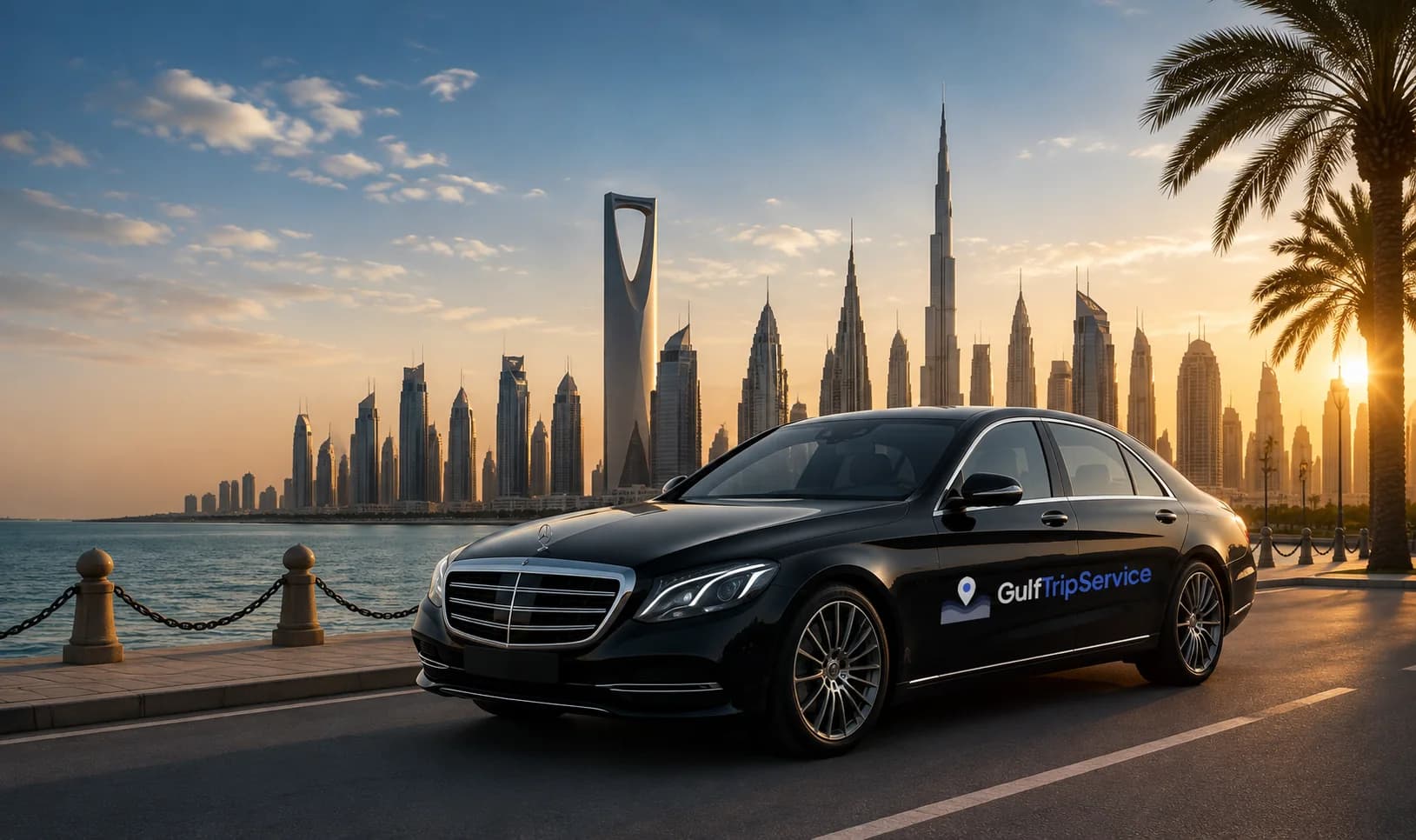 GulfTripService luxury chauffeur sedan with branded livery along a Gulf waterfront skyline — premium private taxi and transfer service