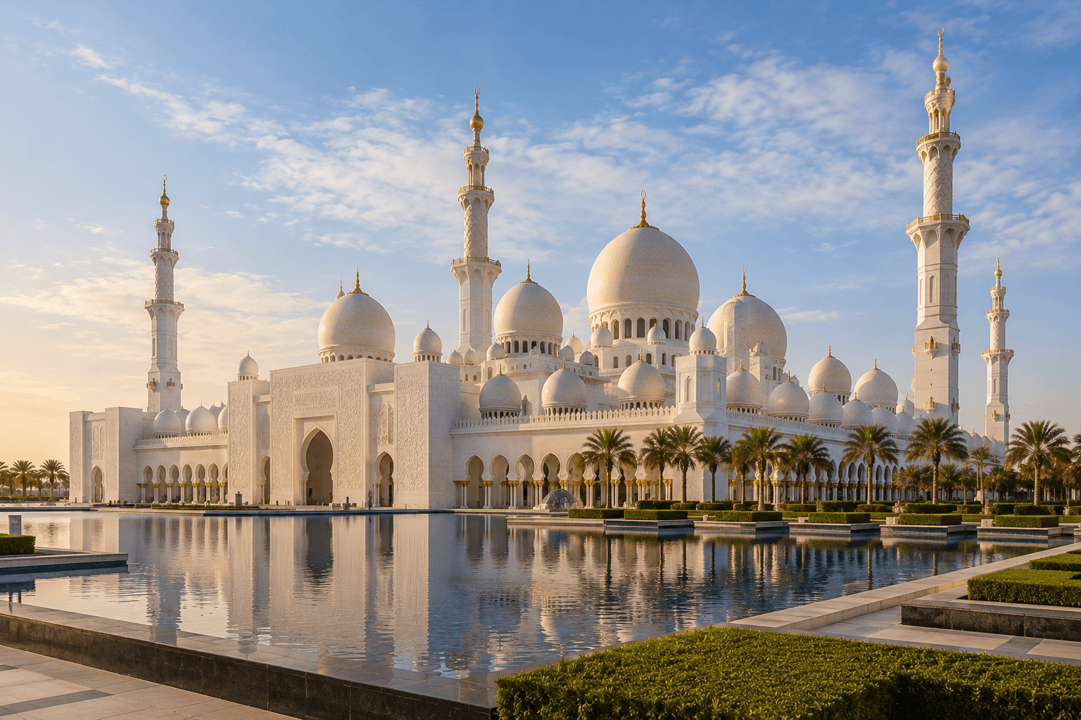 Sheikh Zayed Grand Mosque in Abu Dhabi reflected in its courtyard pool