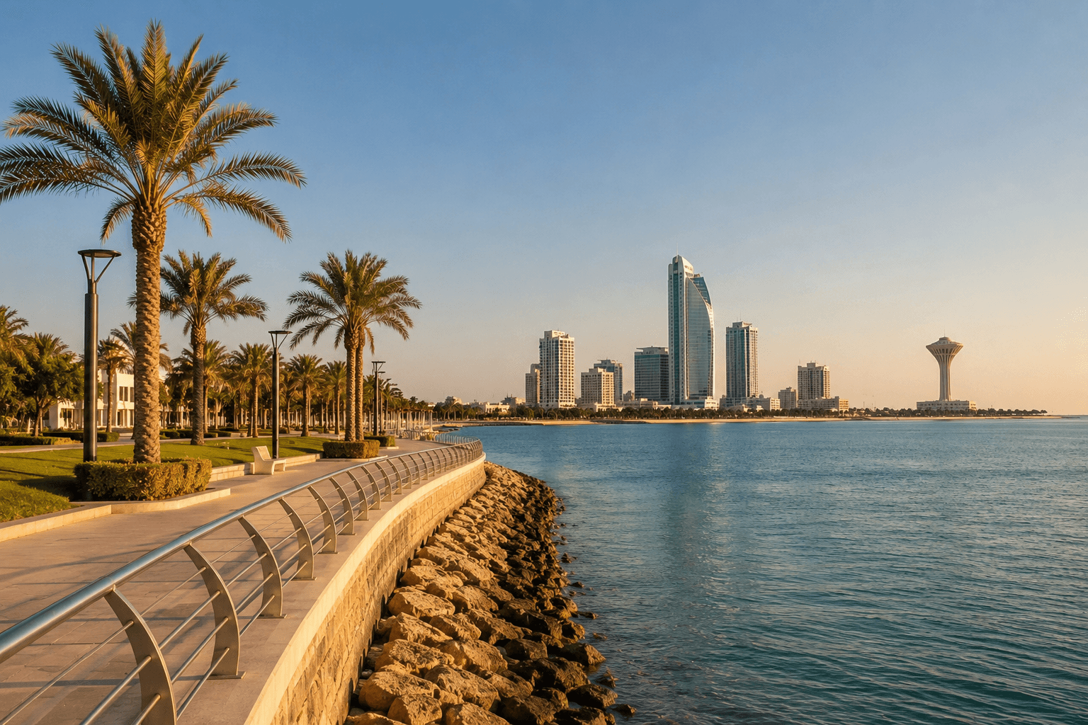 Dammam's Corniche waterfront skyline at sunset