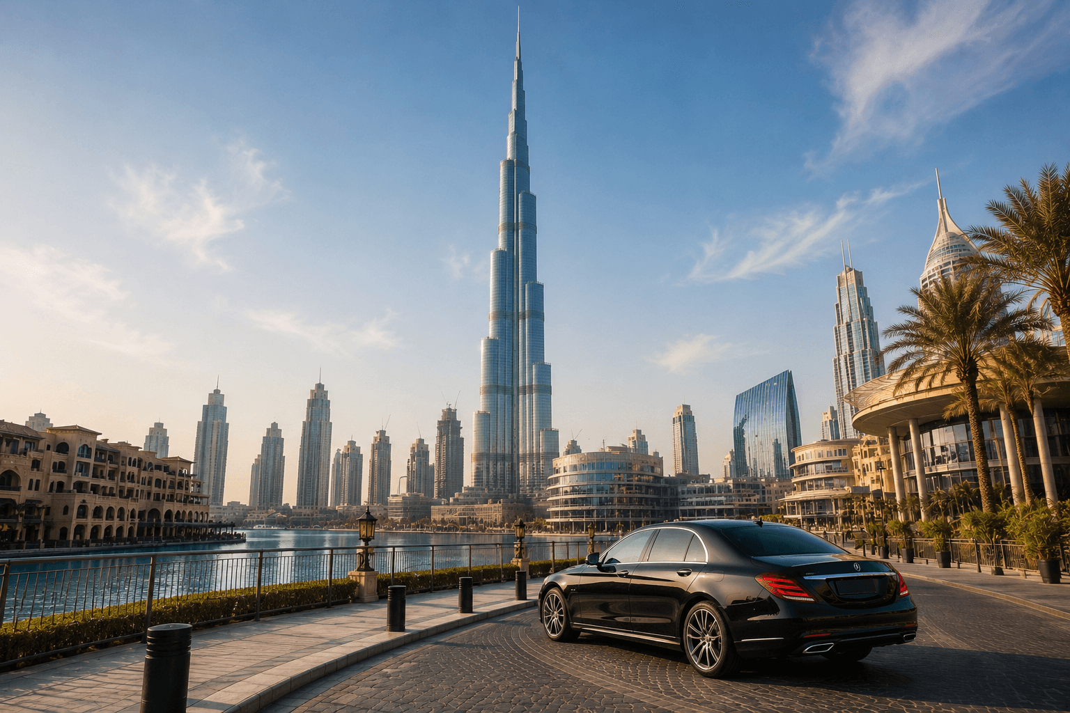 Burj Khalifa and the Downtown Dubai skyline with a private chauffeur vehicle