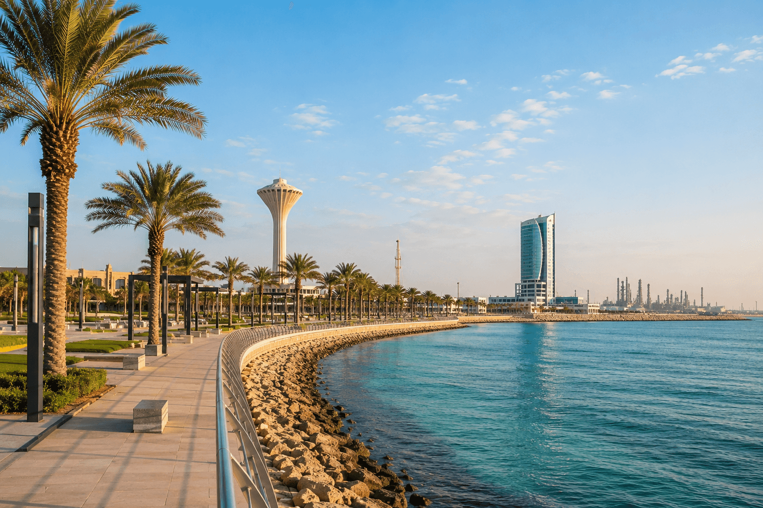 Jubail's coastal promenade with the city's water tower and industrial skyline