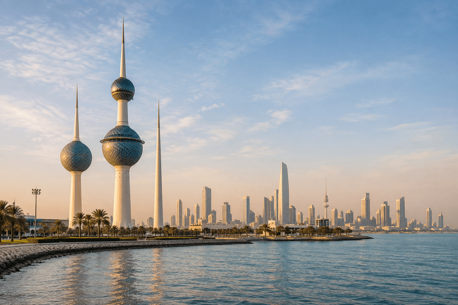 Kuwait City skyline with the Kuwait Towers on the waterfront