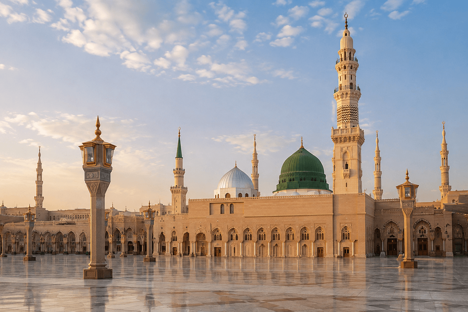 The Prophet's Mosque courtyard in Madinah at golden hour
