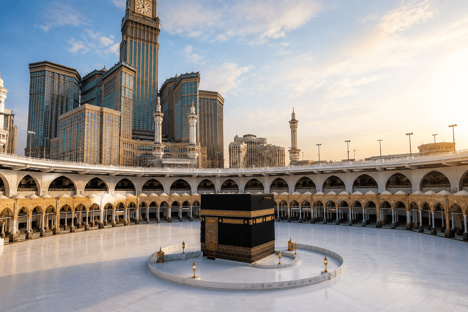 The Kaaba and Abraj Al-Bait clock tower in Makkah at sunrise