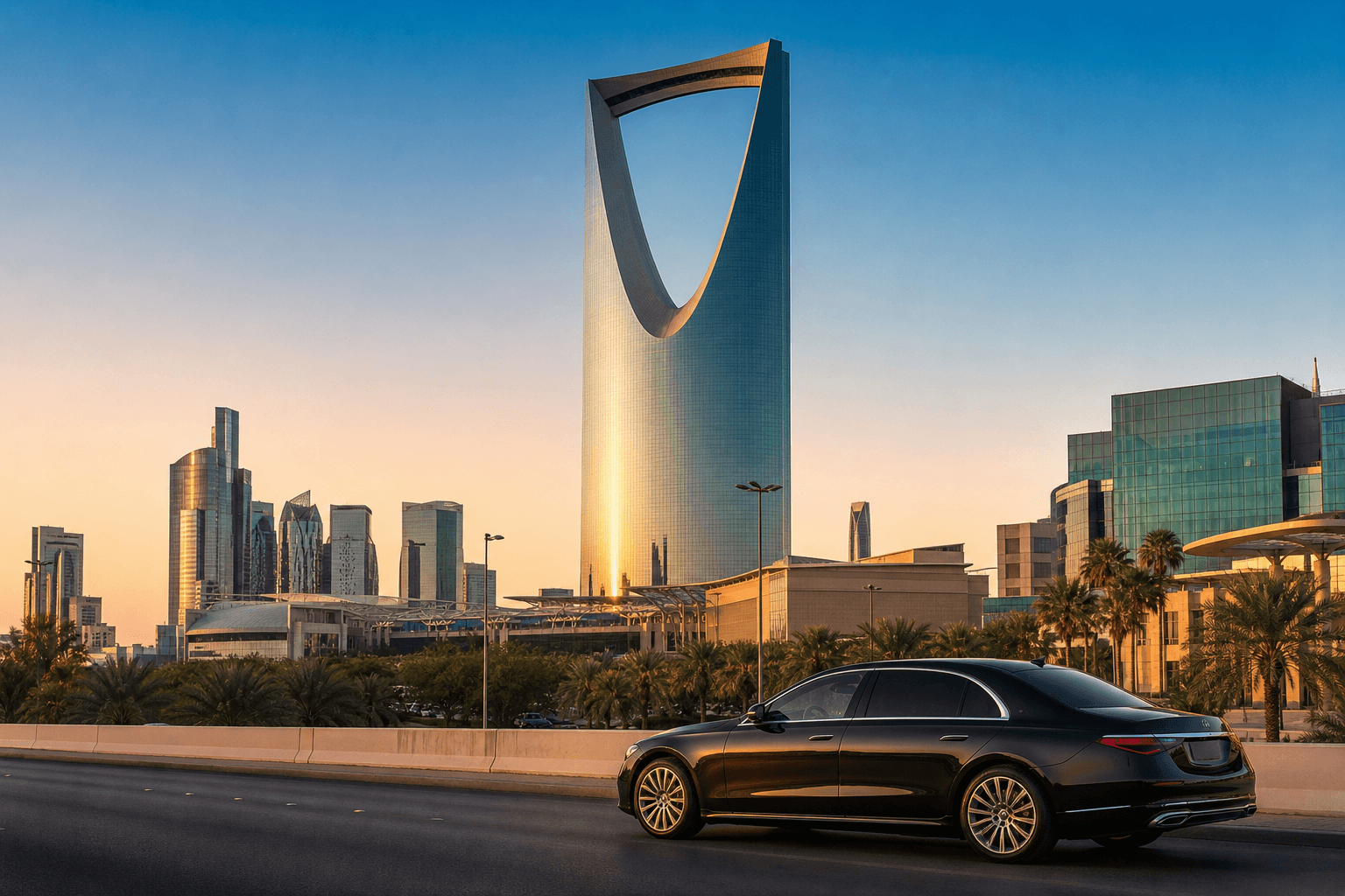 Riyadh's Kingdom Centre Tower skyline with a private chauffeur vehicle on the highway