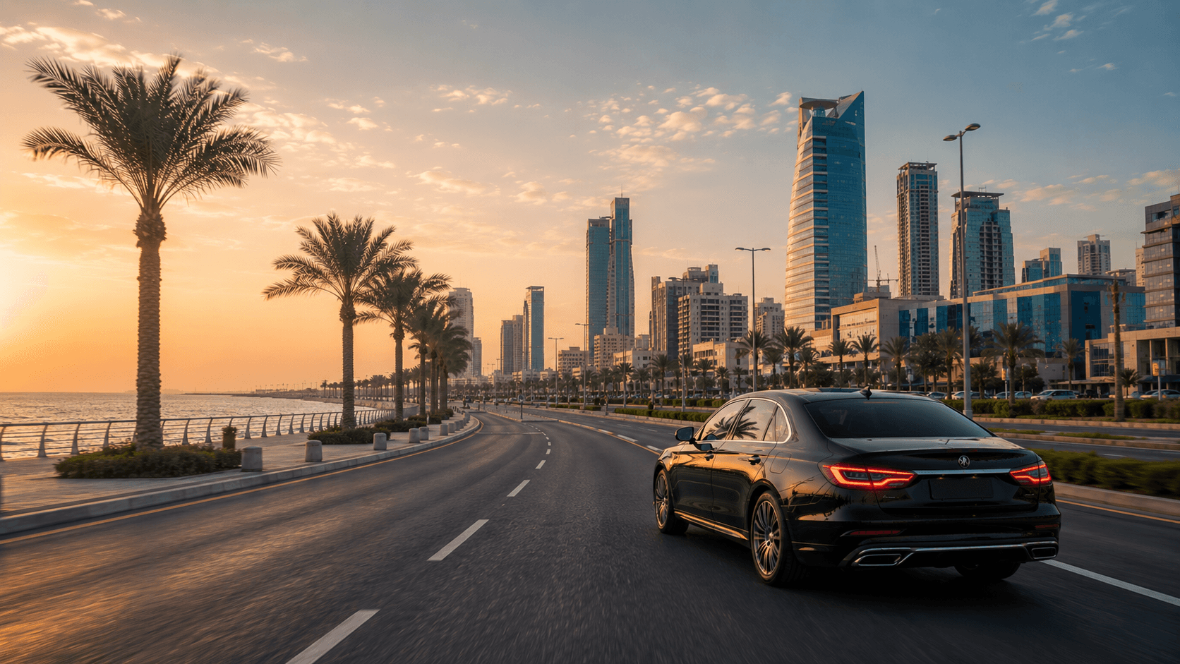 Private chauffeur vehicle on the road in Jeddah — service coverage across the city
