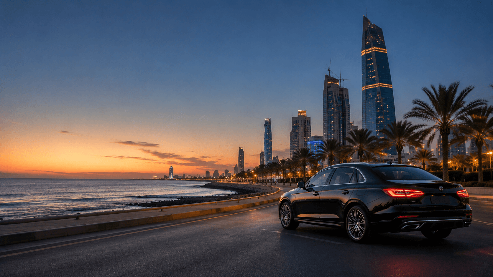 Private chauffeur vehicle along the Jeddah Corniche waterfront at sunset — taxi and airport transfer service on Saudi Arabia's Red Sea coast