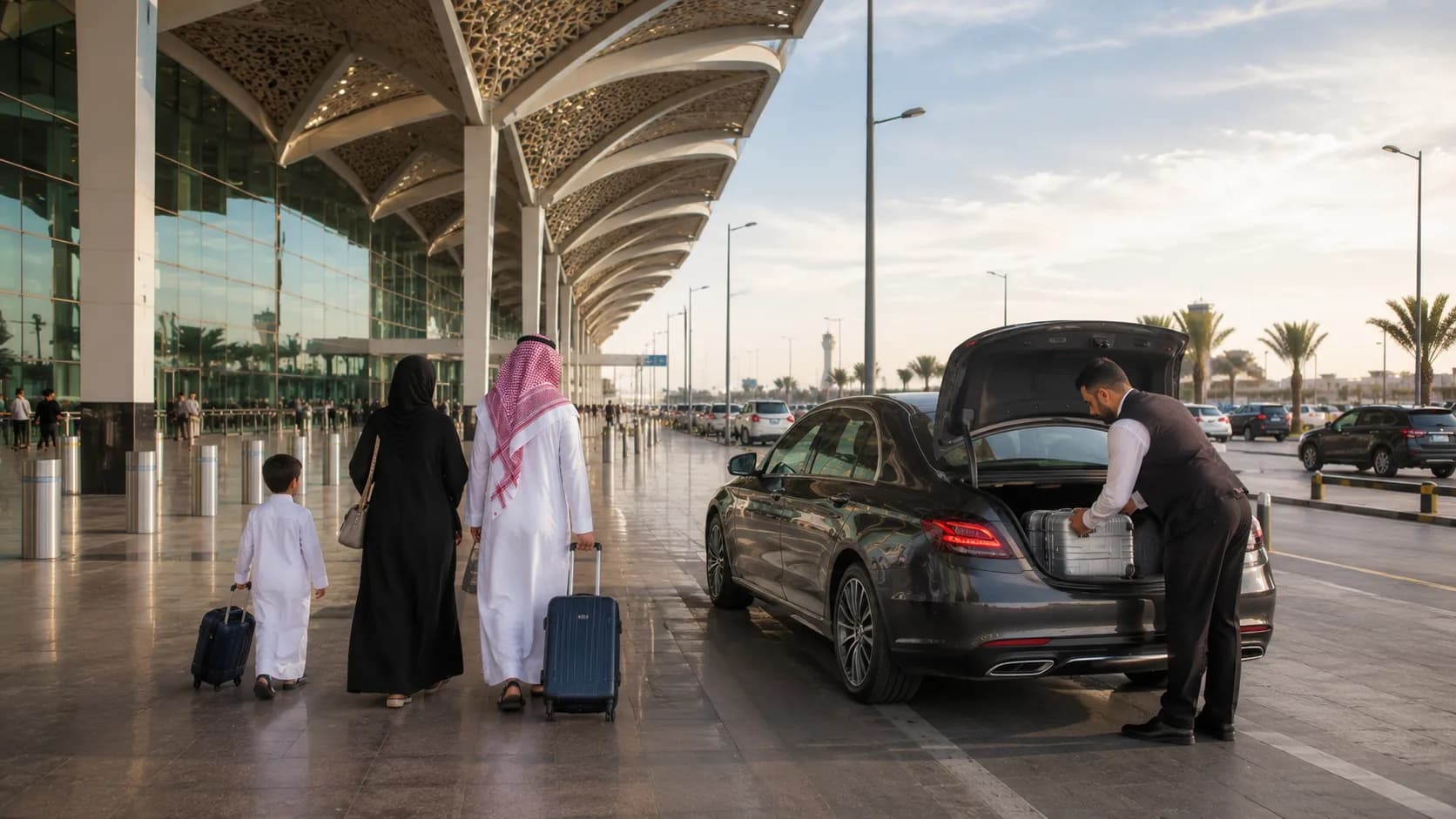 Private chauffeur vehicle at Prince Mohammad Bin Abdulaziz Airport — airport transfer service to and from Madinah