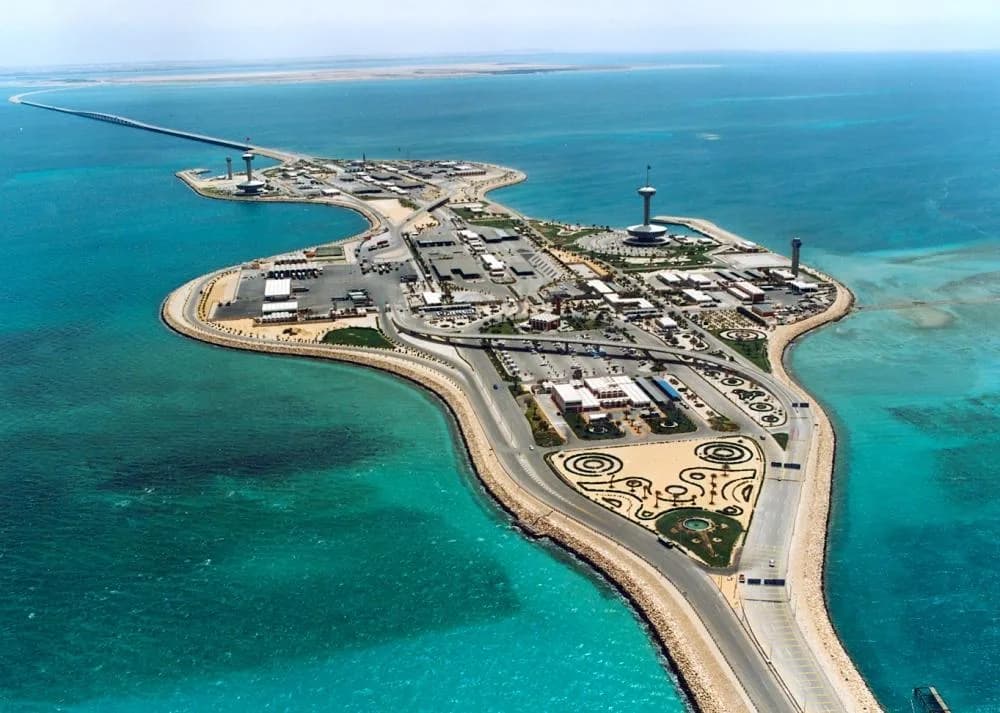 Aerial view of the King Fahd Causeway connecting Saudi Arabia and Bahrain across the Gulf