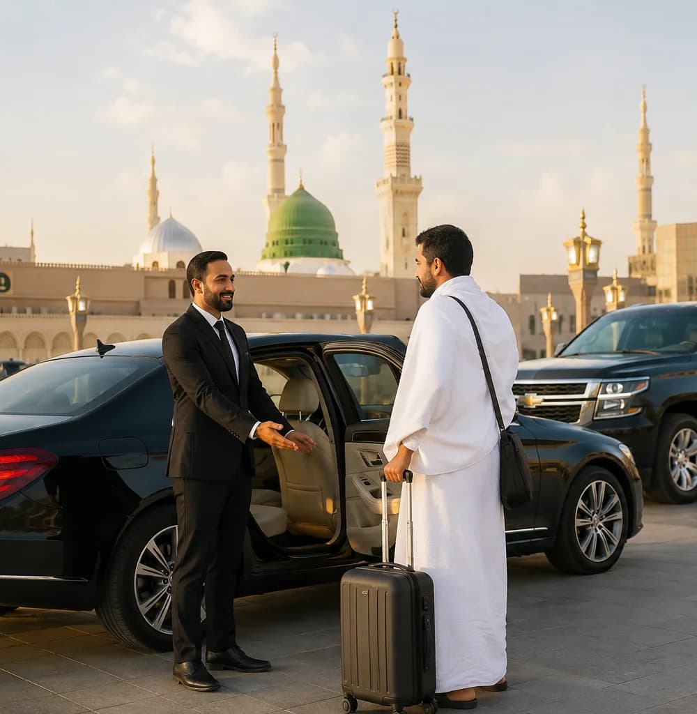 Gulf Trip Service chauffeur opening the car door for a guest, with the Prophet's Mosque in Madinah behind them