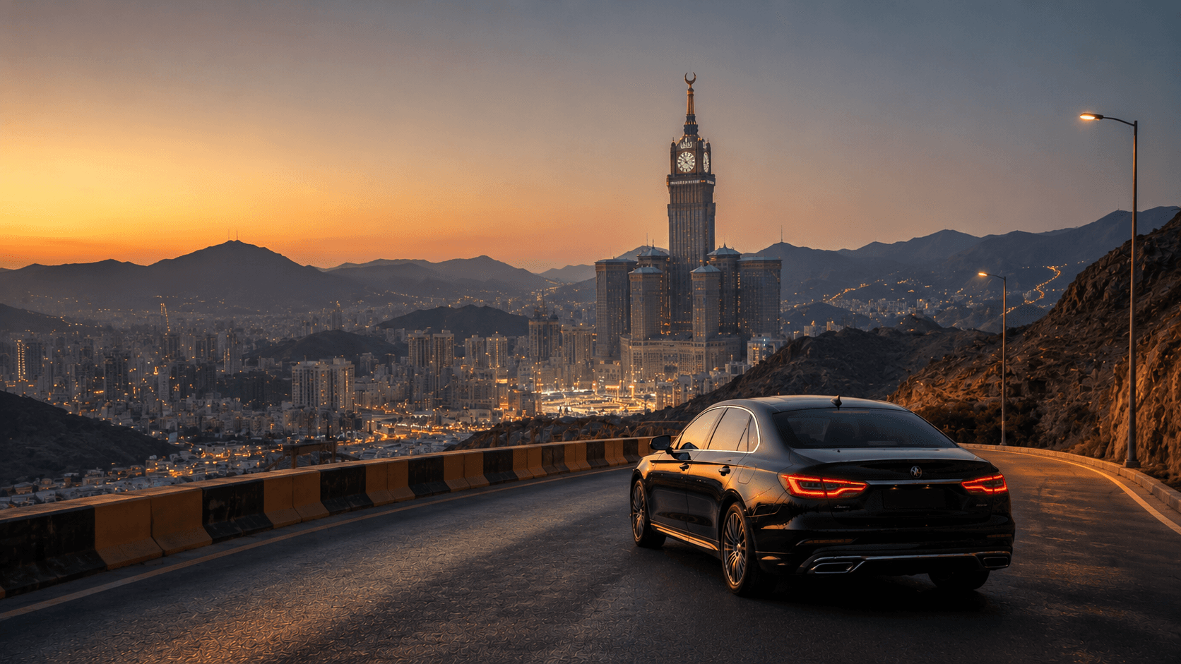 Private chauffeur vehicle on the mountain road into Makkah with the Abraj Al-Bait Clock Tower and Masjid al-Haram at dusk — taxi service for Umrah pilgrims