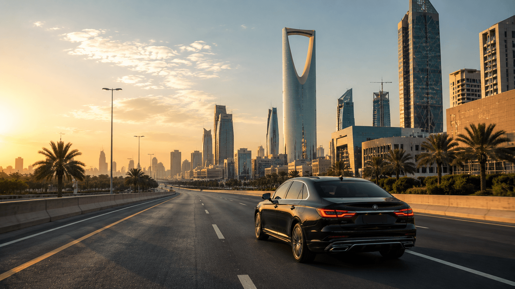 Private chauffeur vehicle on the road in Riyadh — service coverage across the city