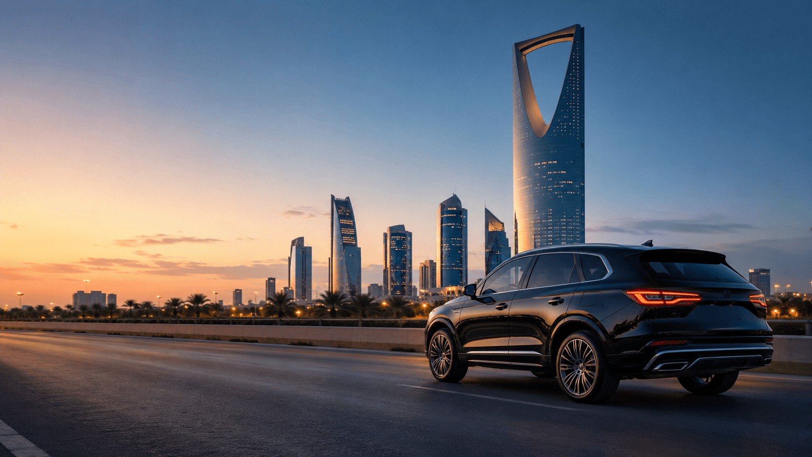 Private chauffeur vehicle on a Riyadh highway with the Kingdom Centre Tower skyline at sunset — taxi and chauffeur service in Saudi Arabia's capital